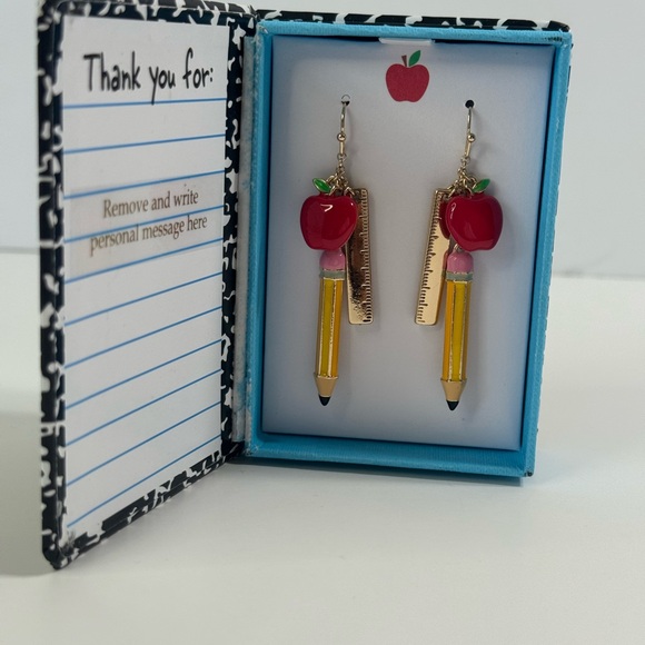 Betsey Johnson Back to School NotebkGold Tone Ruler Pencil W/Apple Earrings NIB - Picture 8 of 15